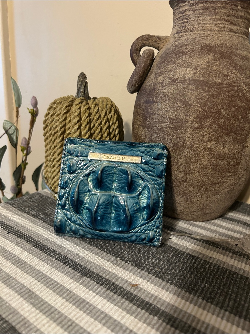 Brahmin Teal Croc-Embossed Leather Card Holder